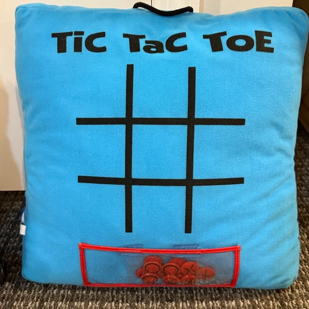 Blue and Red Checkers/ Tic Tac Toe Game Pillow. New, tags on